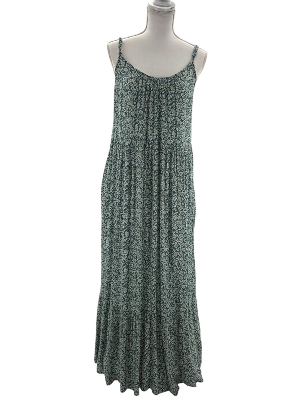 DIP Green Floral Maxi Dress Tiered Boho Sundress Pockets Size M